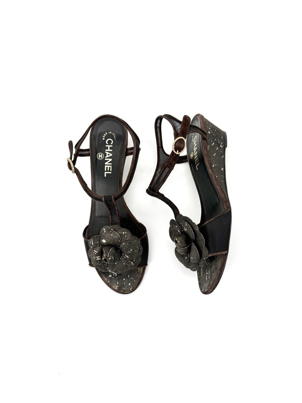 Chanel Camelia Flower Slingback Sandals 39.5 US 9.5 Brown Mesh Suede Leather